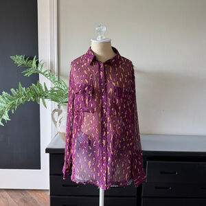 Equipment Femme 100% Silk Sheer Purple Leopard Print Button Up Blouse Size M